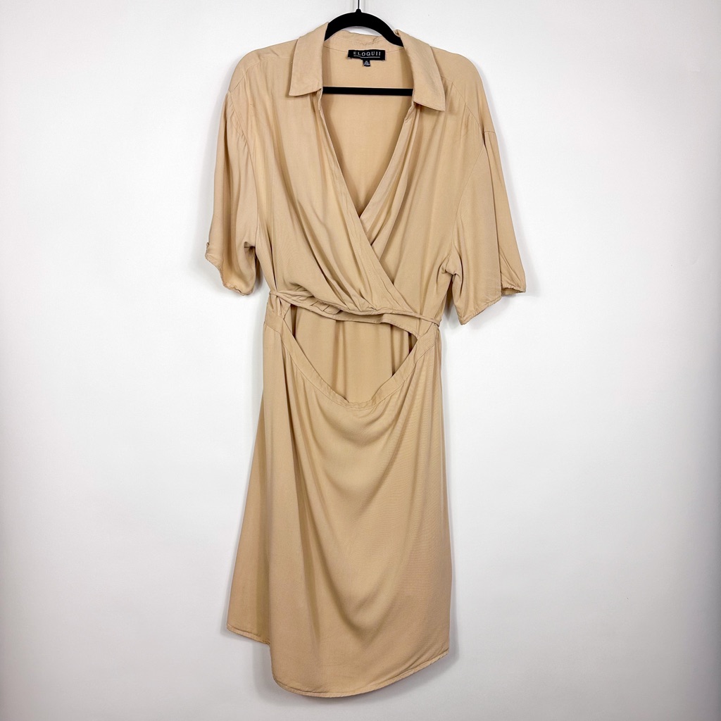 Eloquii Tan Collared Wrap Style Midi Dress